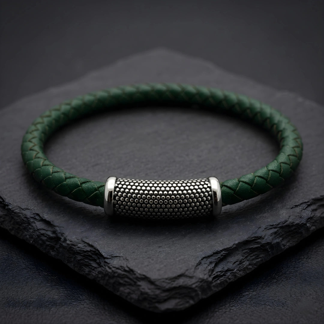 Bracciale Pelle Verde chiusura puntinata acciaio calamitata