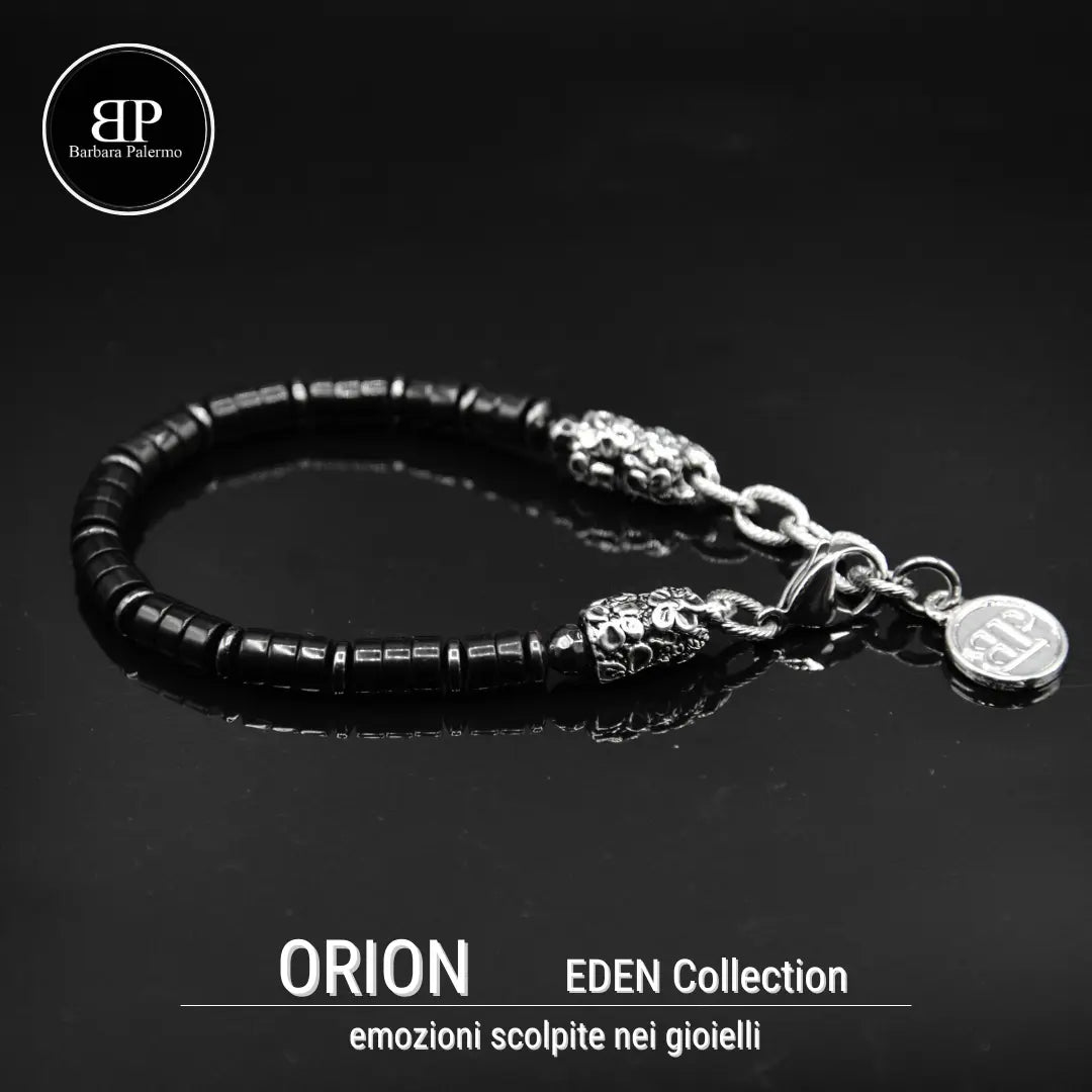Bracciale Eden Orion: Riflessi Stellari l'Eleganza dell'Onice nera e dell'Ematite
