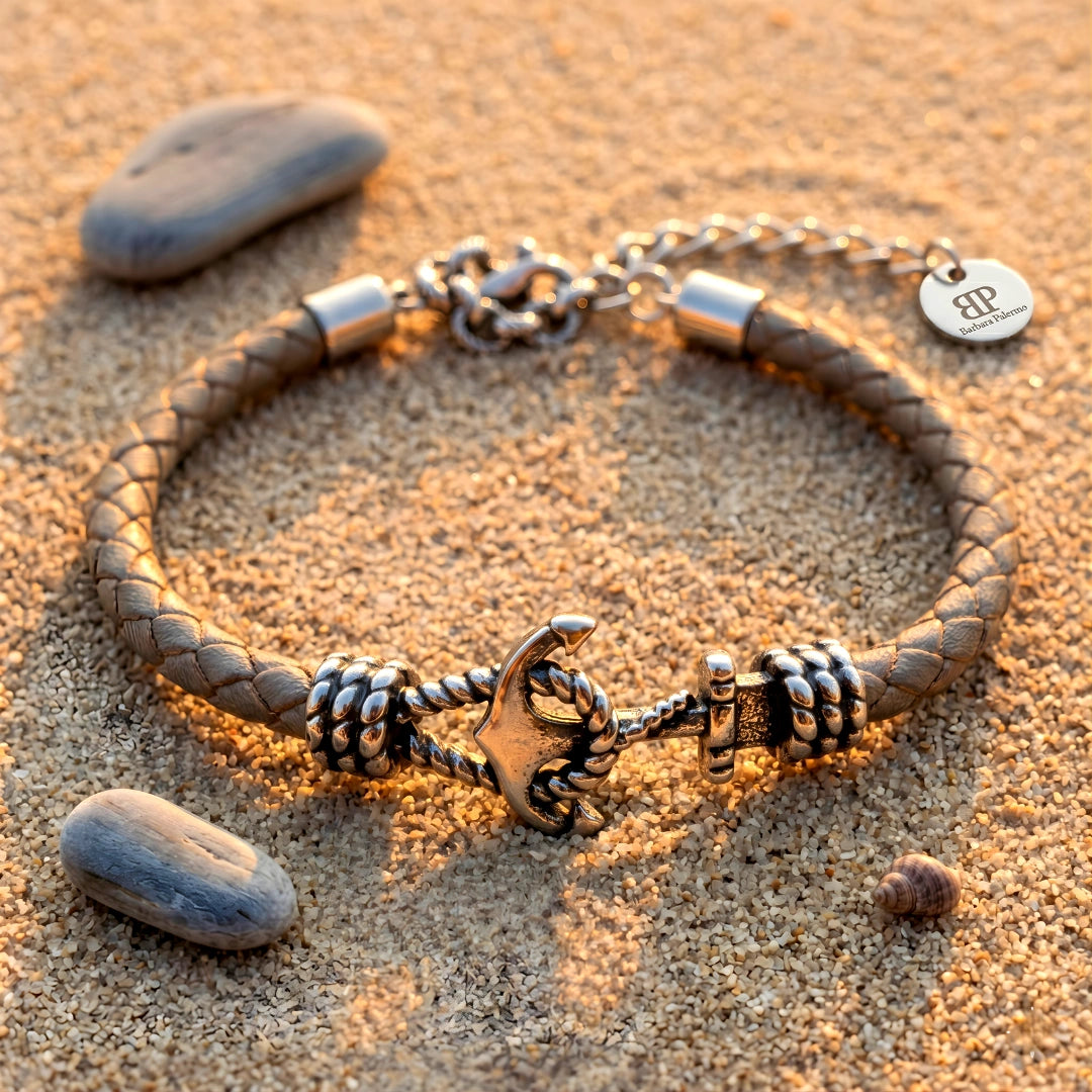Bracciale Ancora in Pelle grigio tortora 5 mm