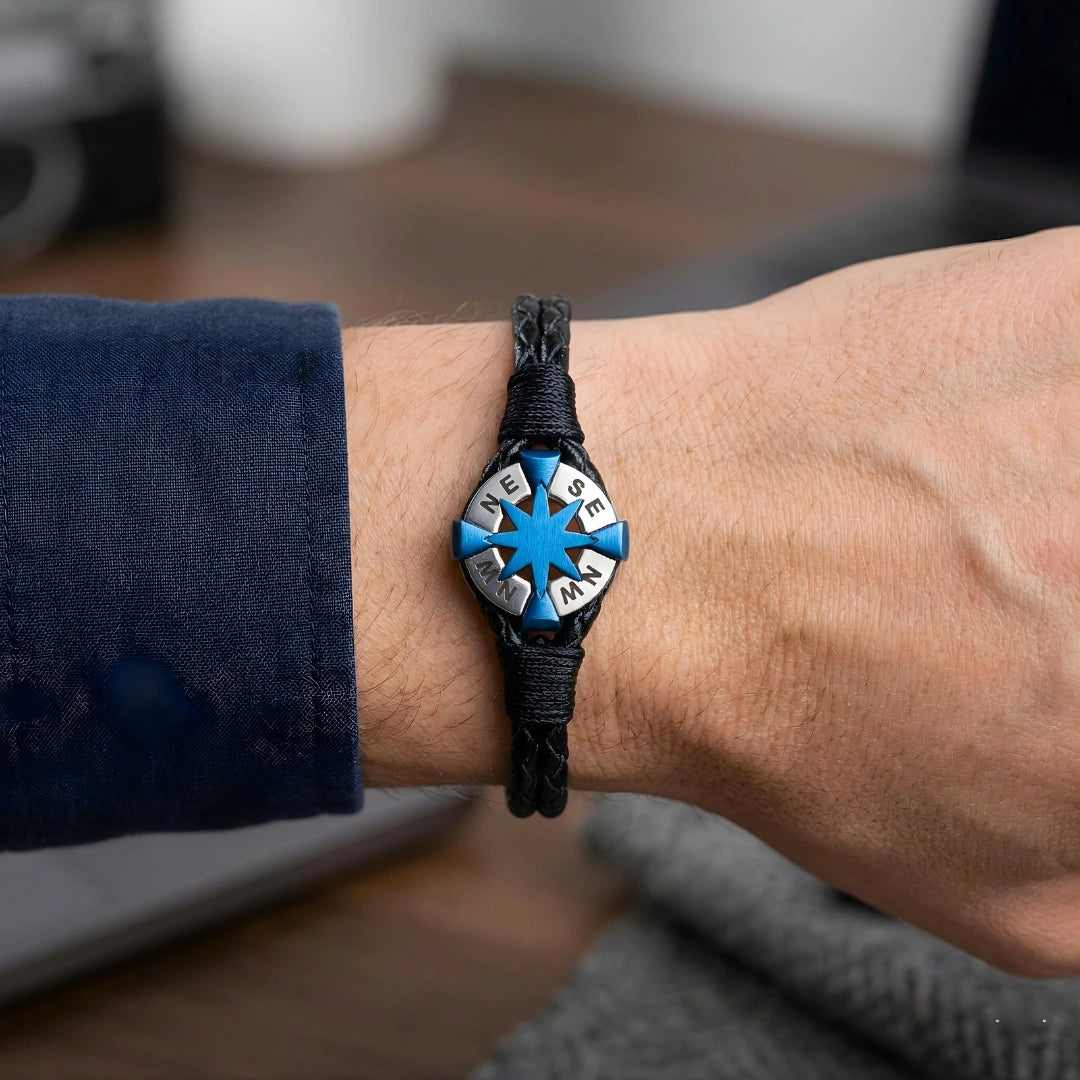 Bracciale Rosa dei Venti in Pelle Nera e Acciaio 316L