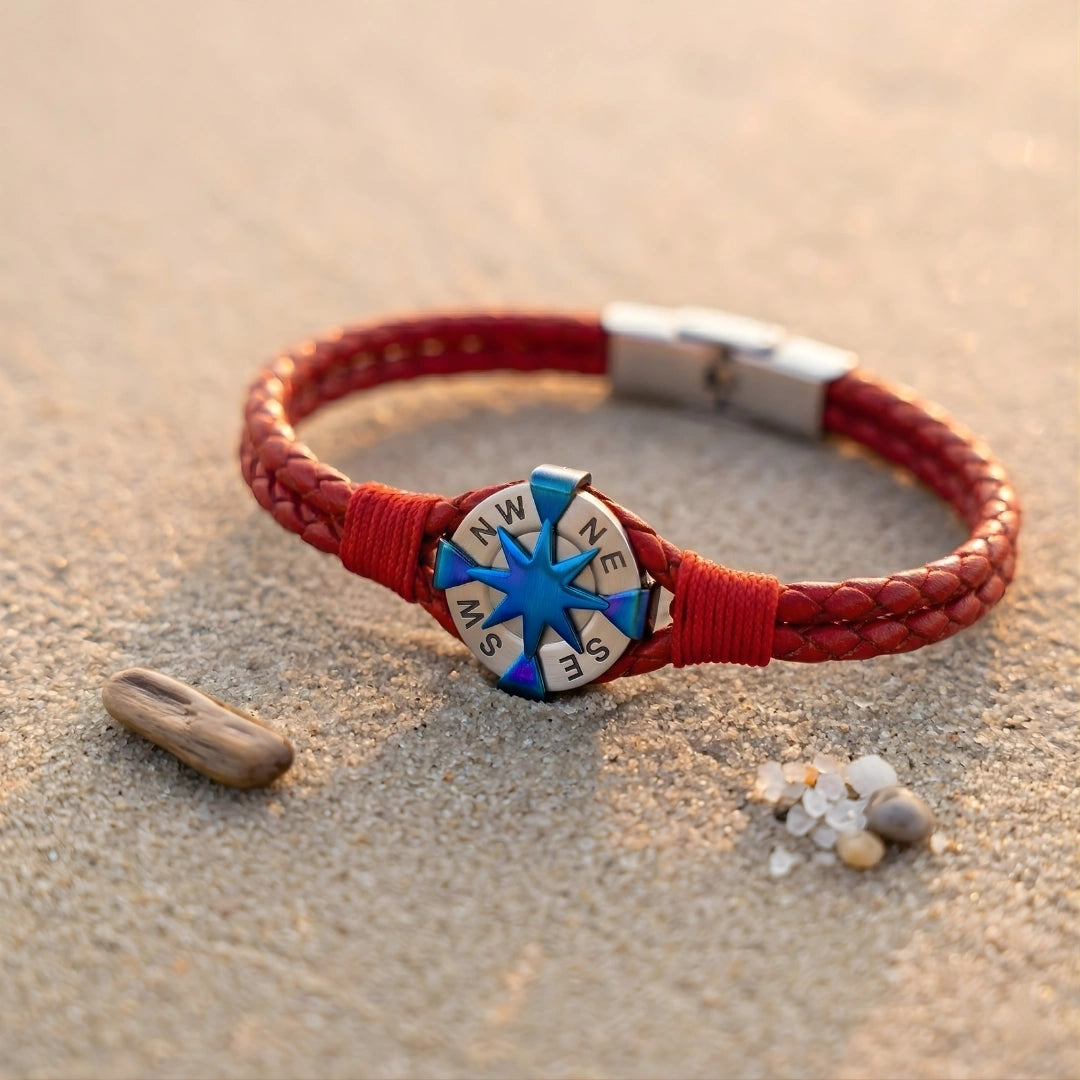 Bracciale Rosa dei Venti in Pelle Rossa  Doppio Intreccio