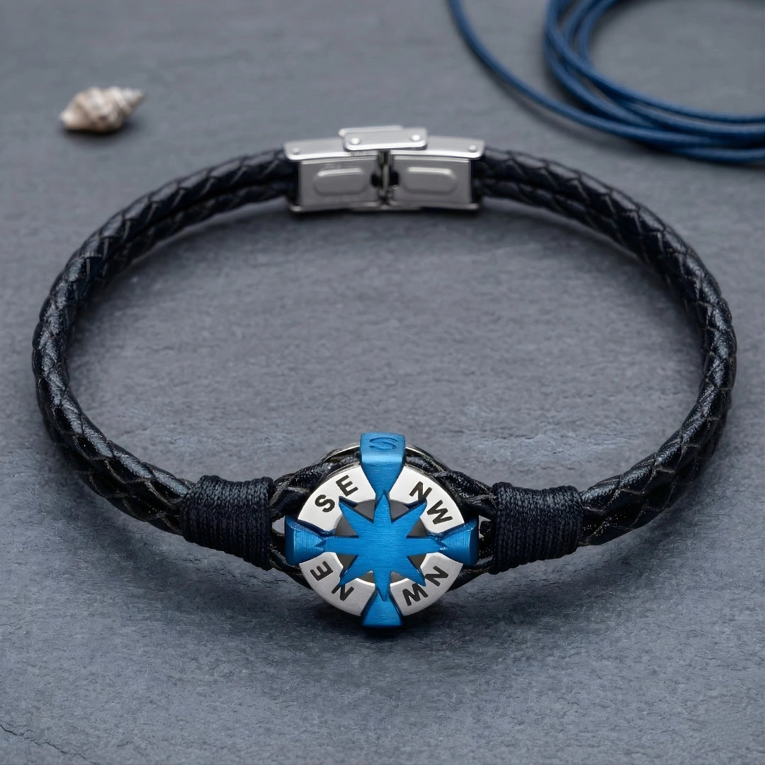 Bracciale Rosa dei Venti in Pelle Nera e Acciaio 316L