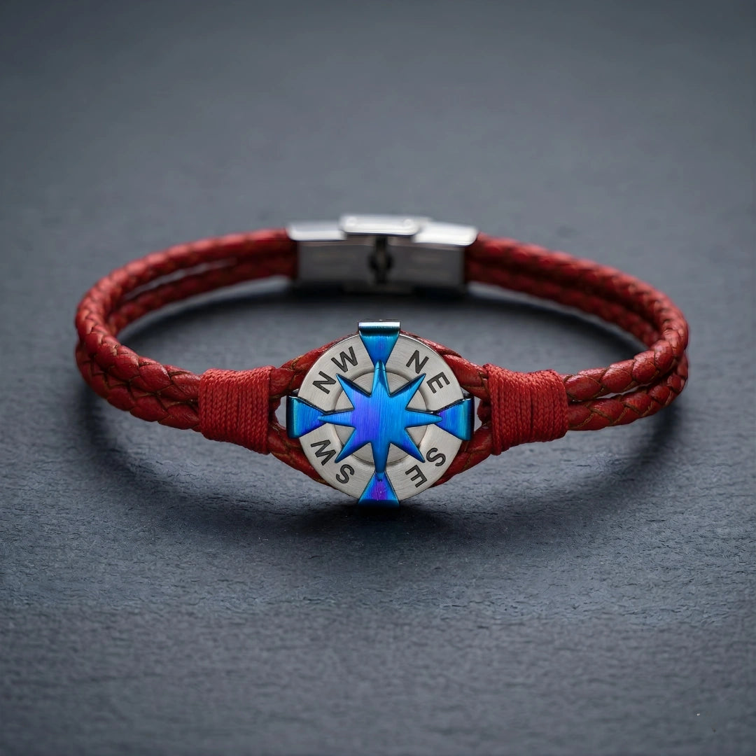 Bracciale Rosa dei Venti in Pelle Rossa  Doppio Intreccio