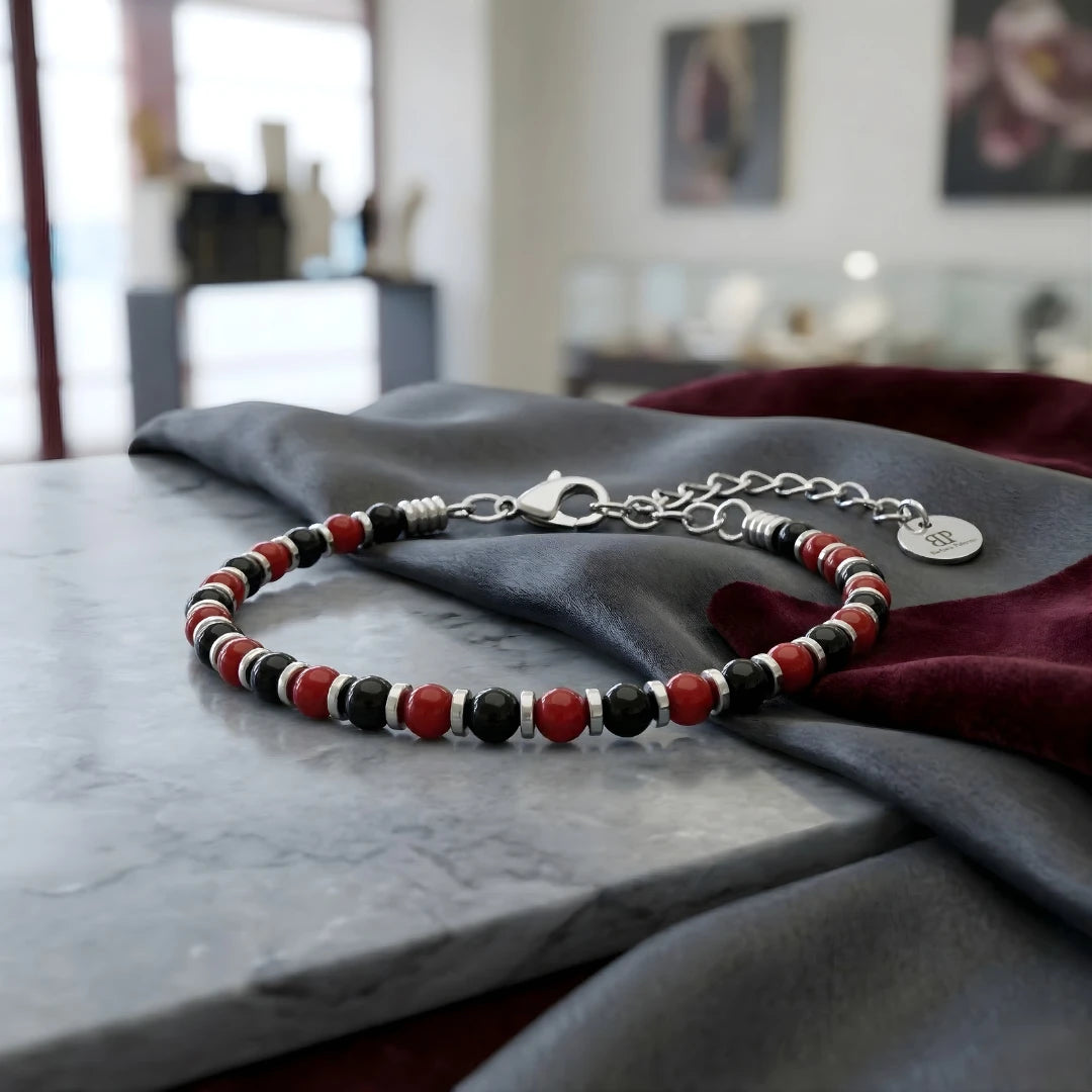 Bracciale Rosso Nero Sport – Agata Rossa e Onice Nero 4 MM