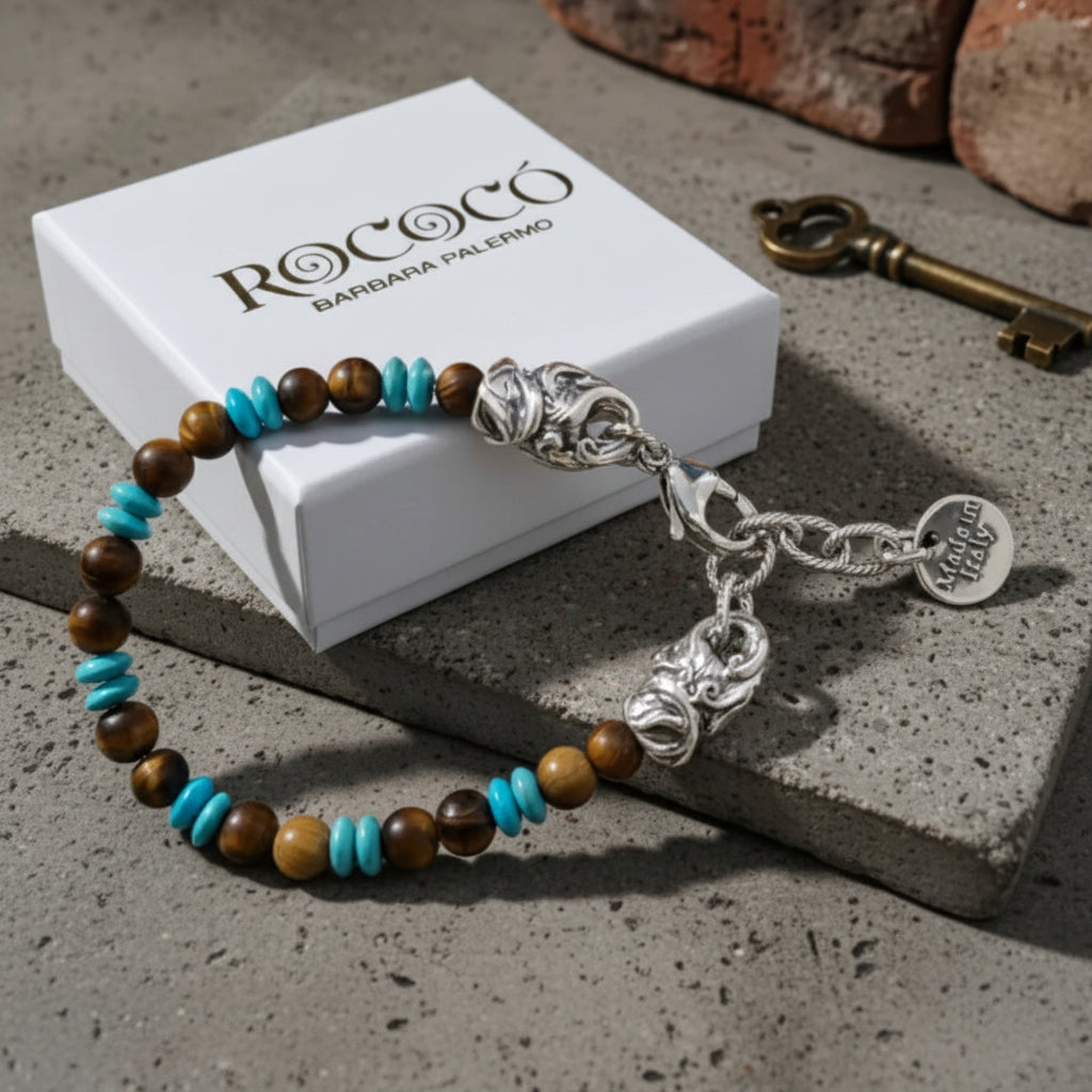 Bracciale Rococò Marrakech – Occhio di Tigre Satinato e Pasta Turchese