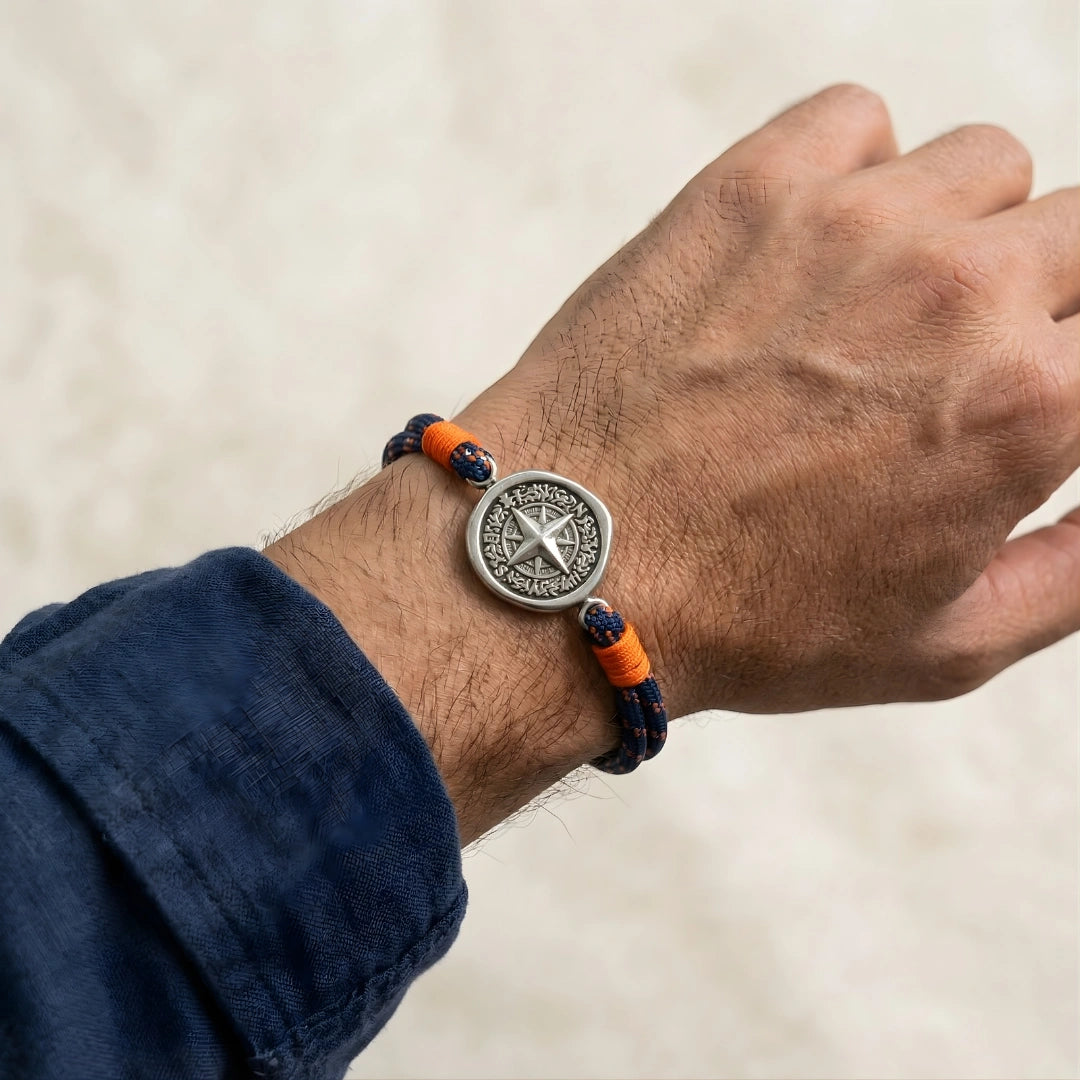 Bracciale Bussola Nautica in Paracord Blu Navy e Arancio