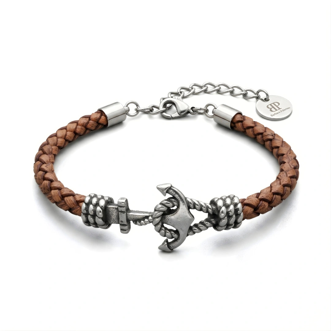 Bracciale Ancora  in Pelle Marrone Intrecciata 5 mm