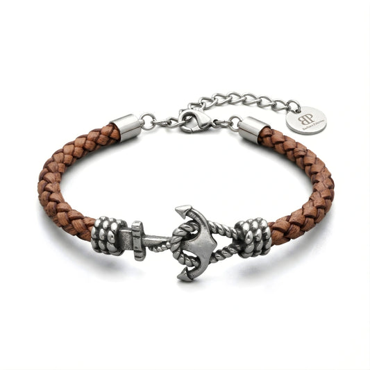 Bracciale Ancora  in Pelle Marrone Intrecciata 5 mm