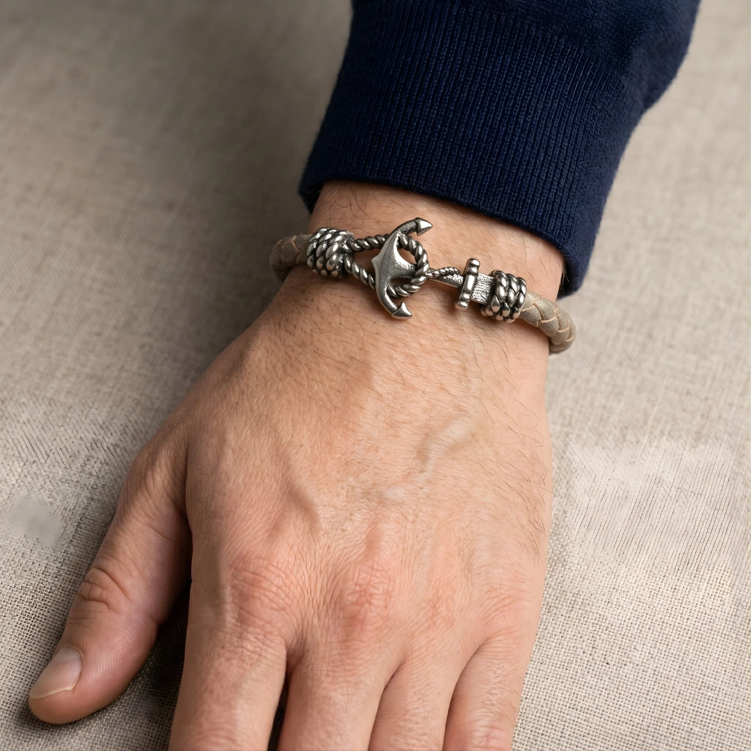 Bracciale Ancora in Pelle grigio tortora 5 mm