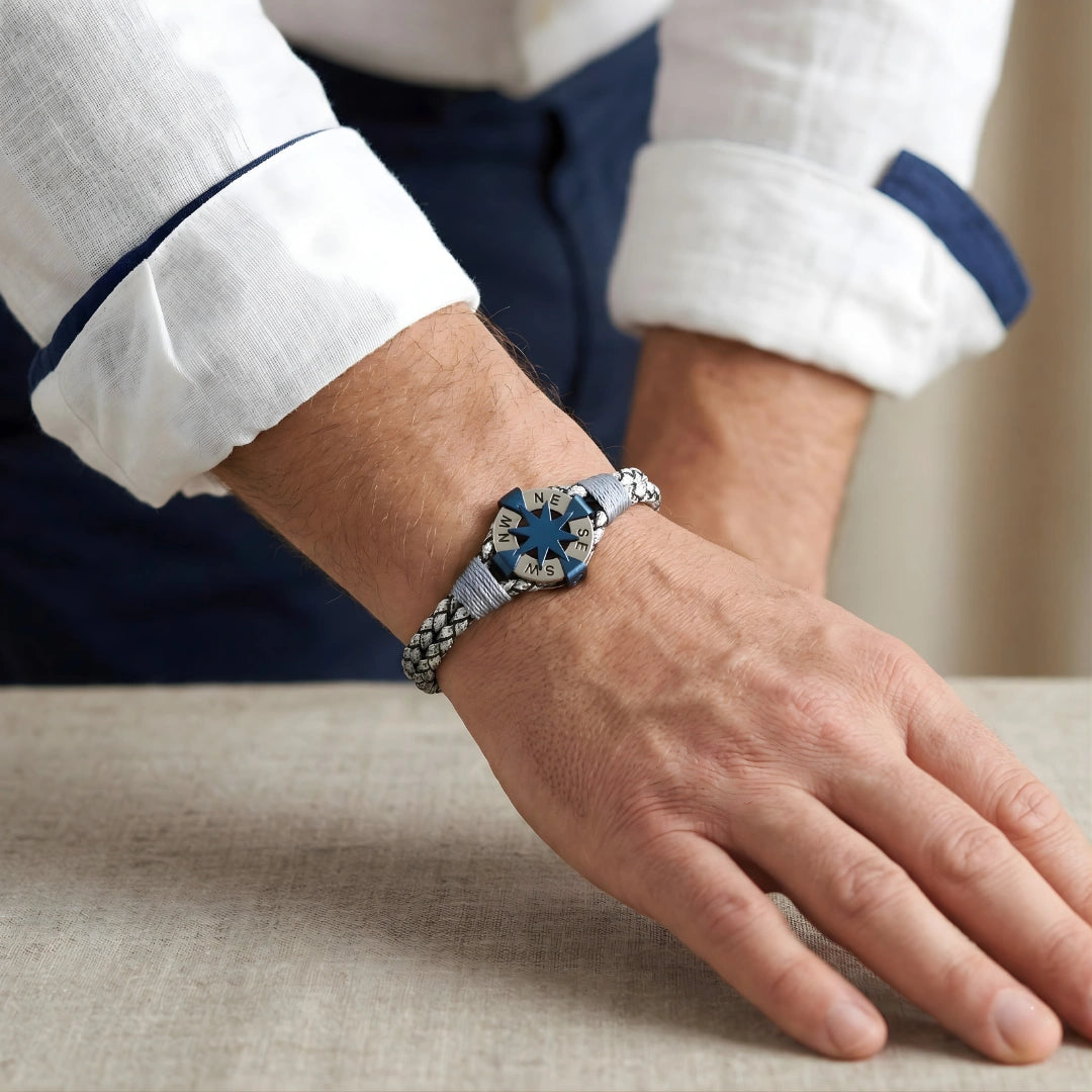 Bracciale Rosa dei Venti Intrecciato Grigio Argento e Blu