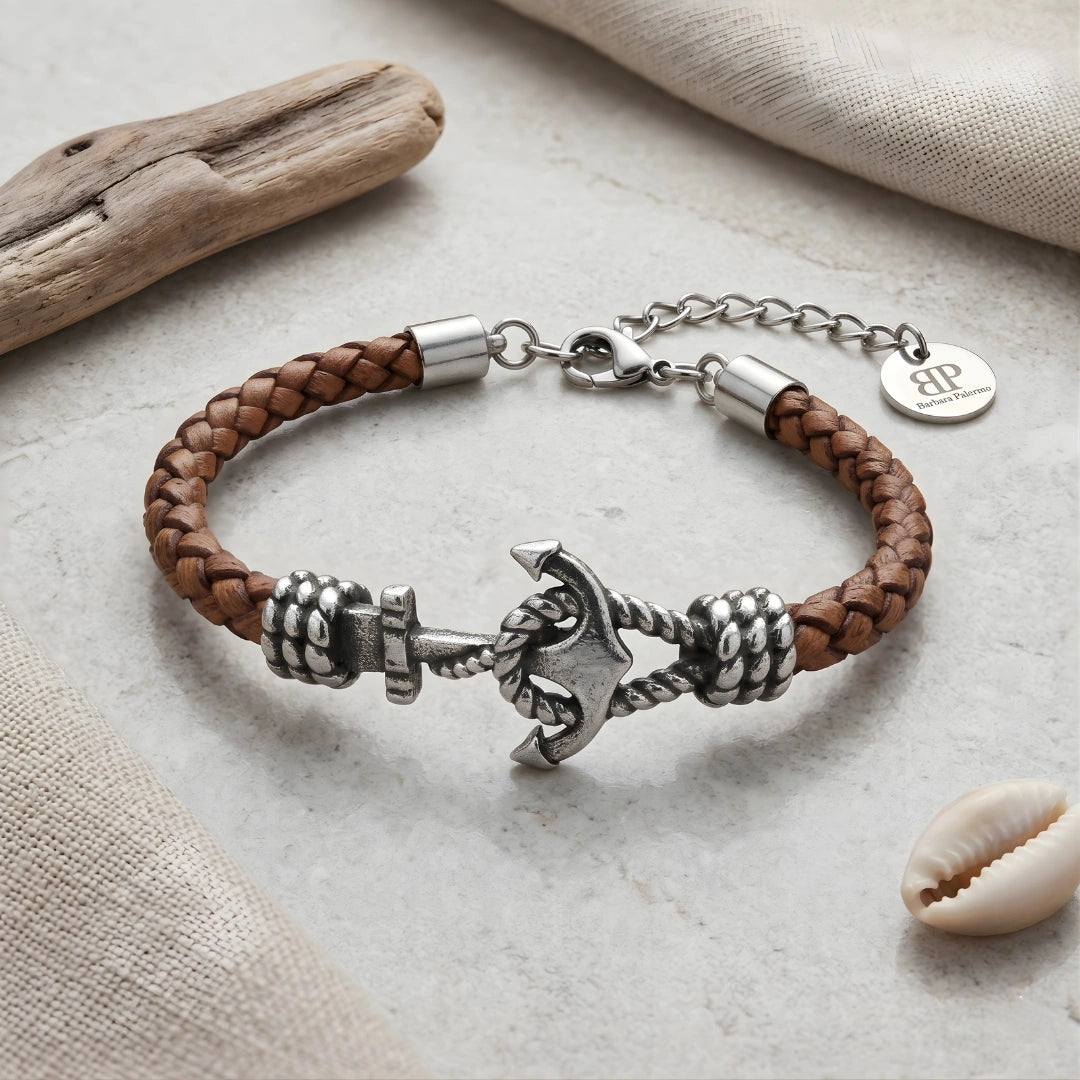 Bracciale Ancora  in Pelle Marrone Intrecciata 5 mm