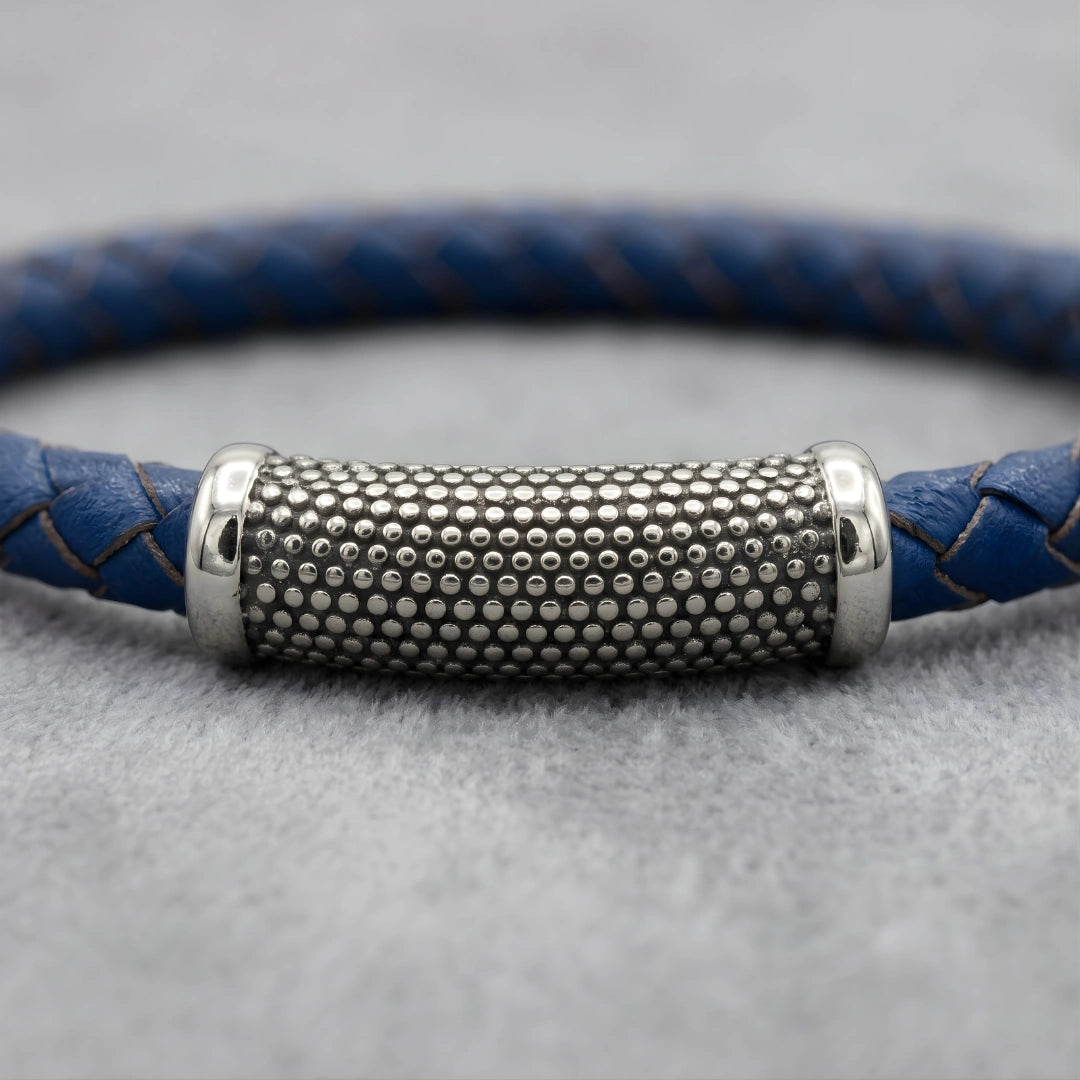Bracciale Pelle Blu Inserto puntinato acciaio