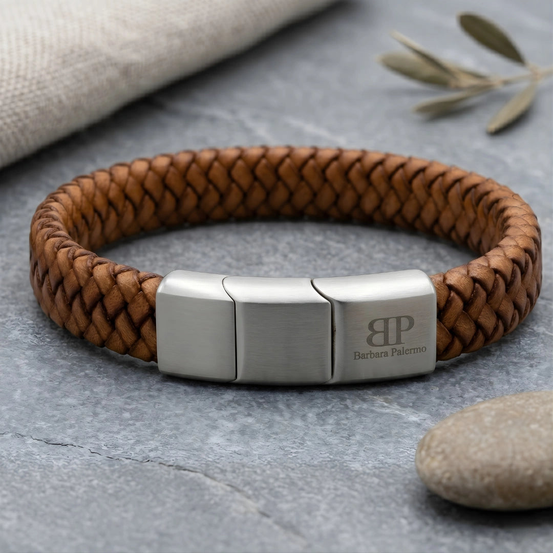 Bracciale in Pelle Intrecciata 1 cm con Clip in Acciaio