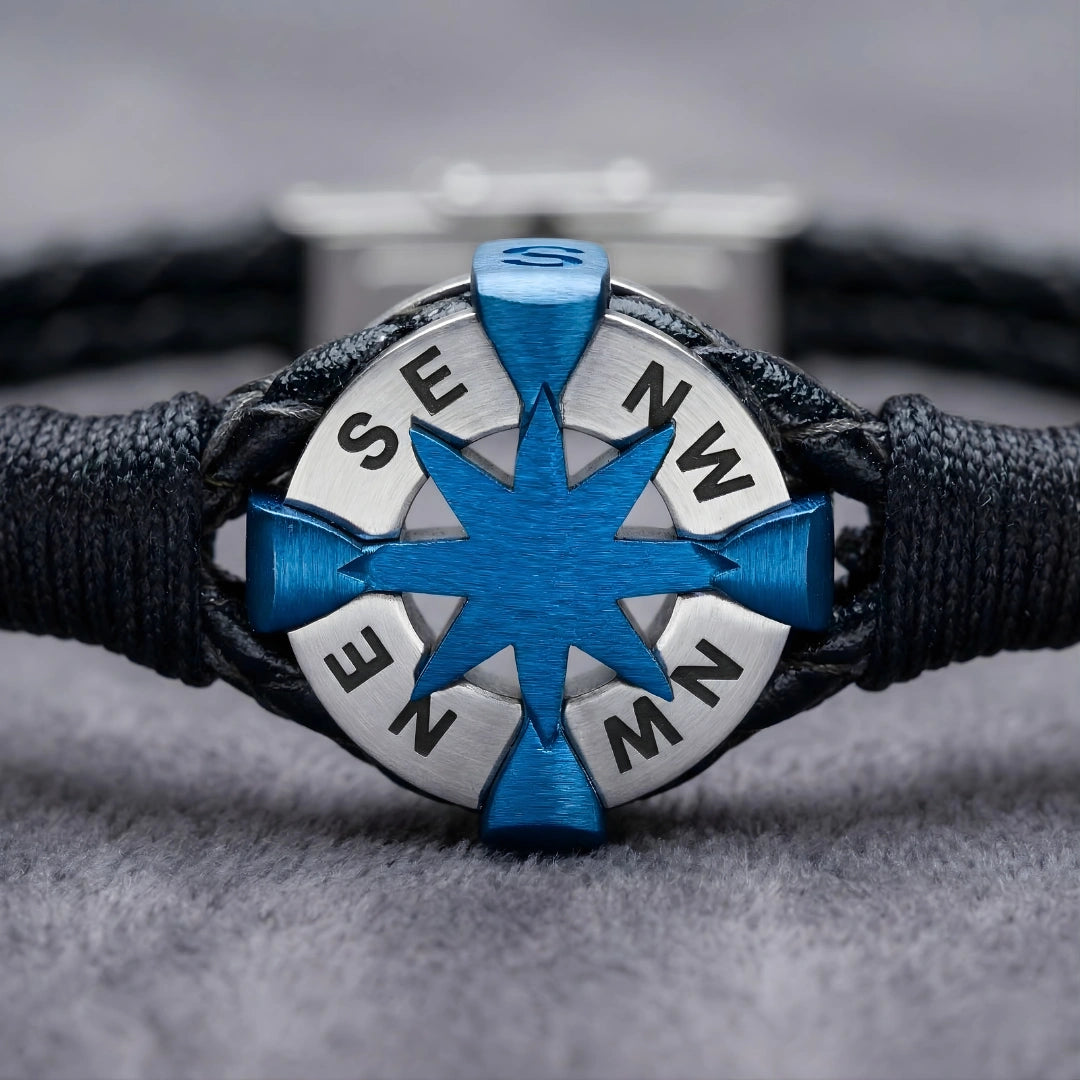 Bracciale Rosa dei Venti in Pelle Nera e Acciaio 316L