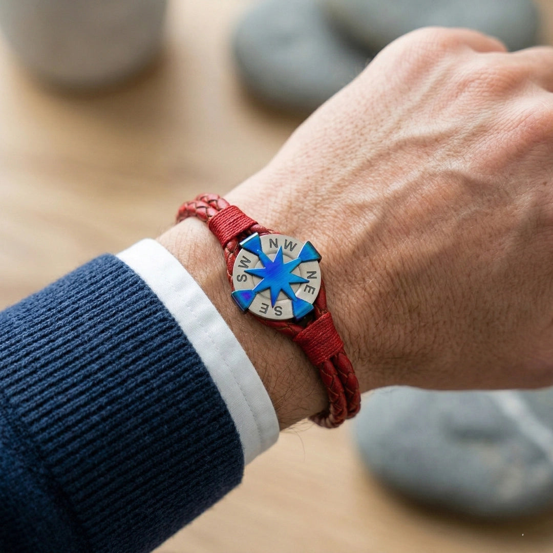 Bracciale Rosa dei Venti in Pelle Rossa  Doppio Intreccio