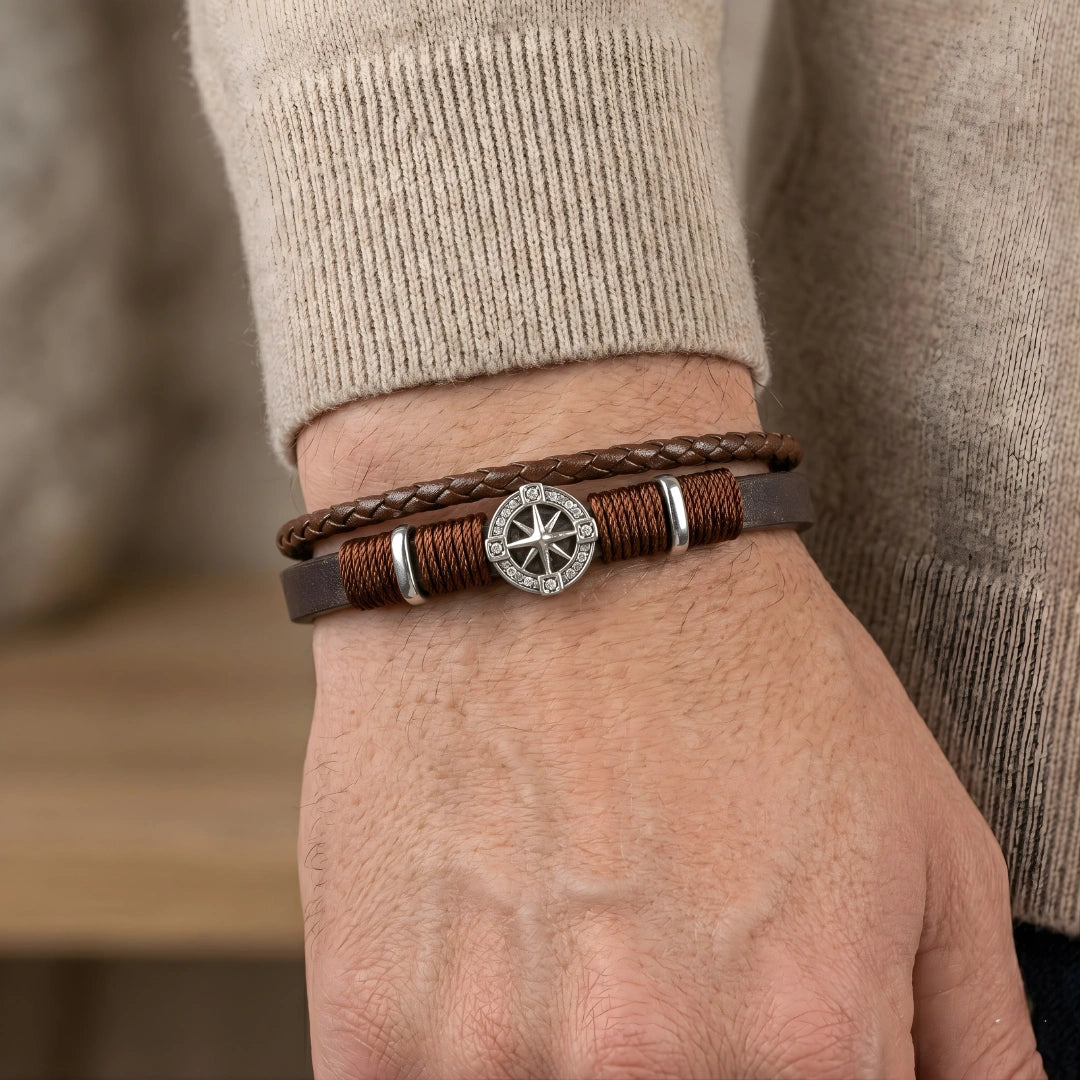 Bracciale Rosa dei Venti in Pelle doppia Marrone