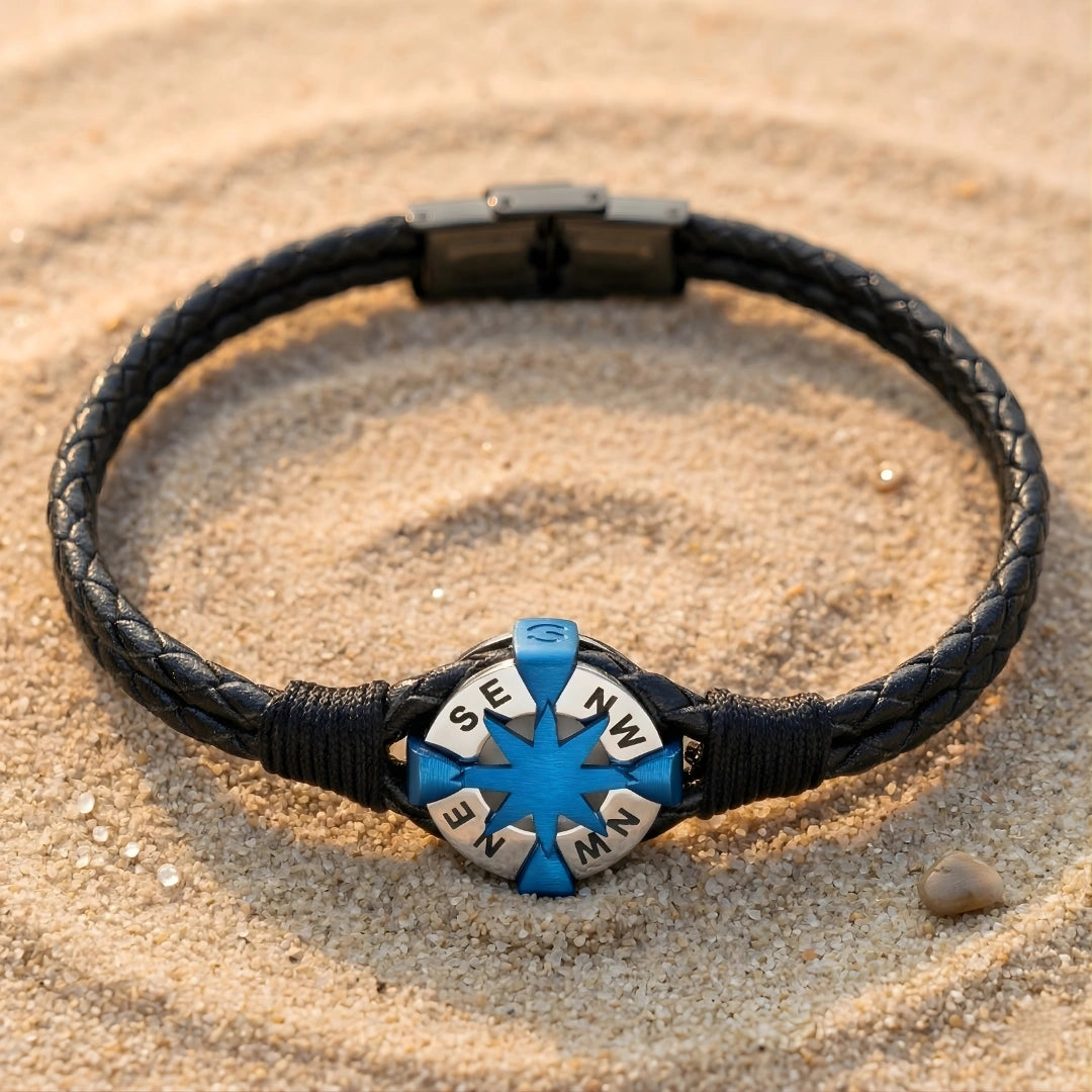 Bracciale Rosa dei Venti in Pelle Nera e Acciaio 316L