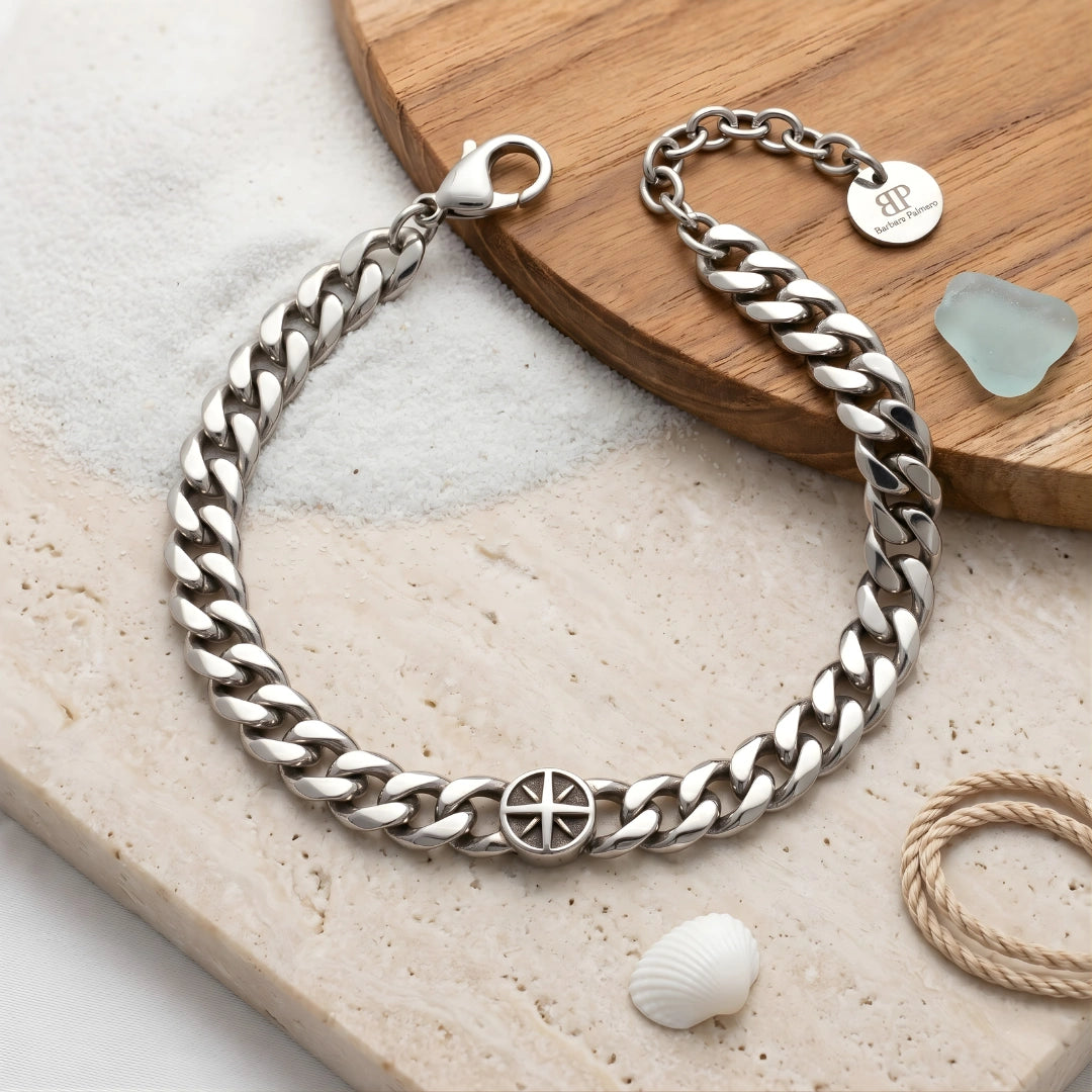 Bracciale Catena Uomo in Acciaio con rosa dei venti