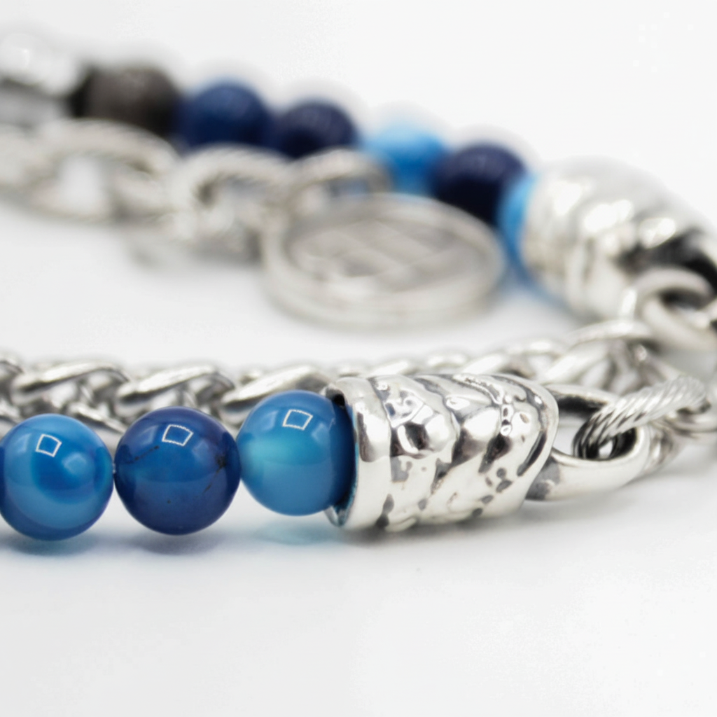 Doppelt gedrehtes Armband Obsidian Blauer Achat Hämatit Silber Miami