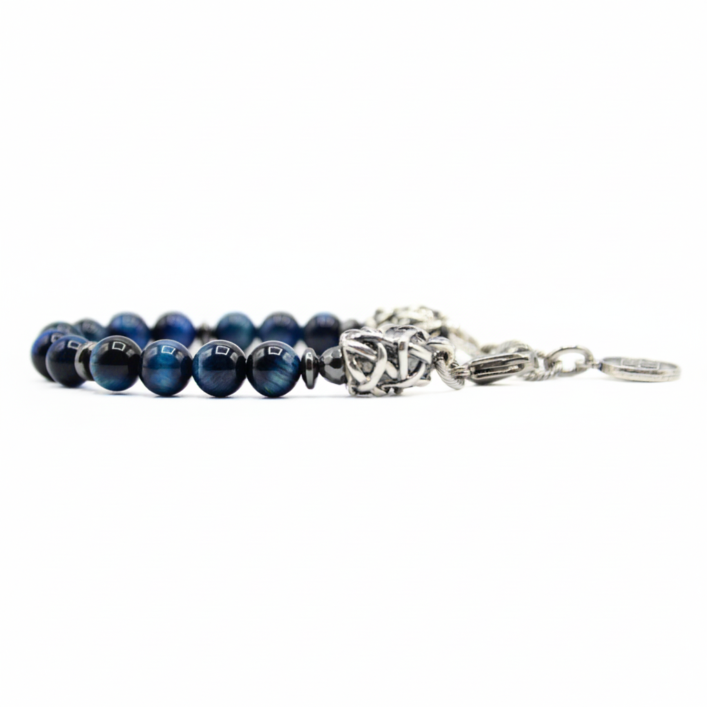 ABISS-Armband – Hämatitblaues Tigerauge und silberne Anschlüsse