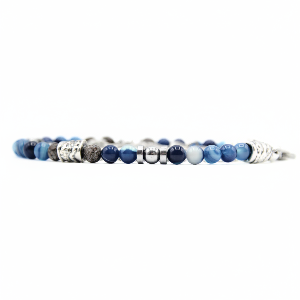 Doppelt gedrehtes Armband Obsidian Blauer Achat Hämatit Silber Miami