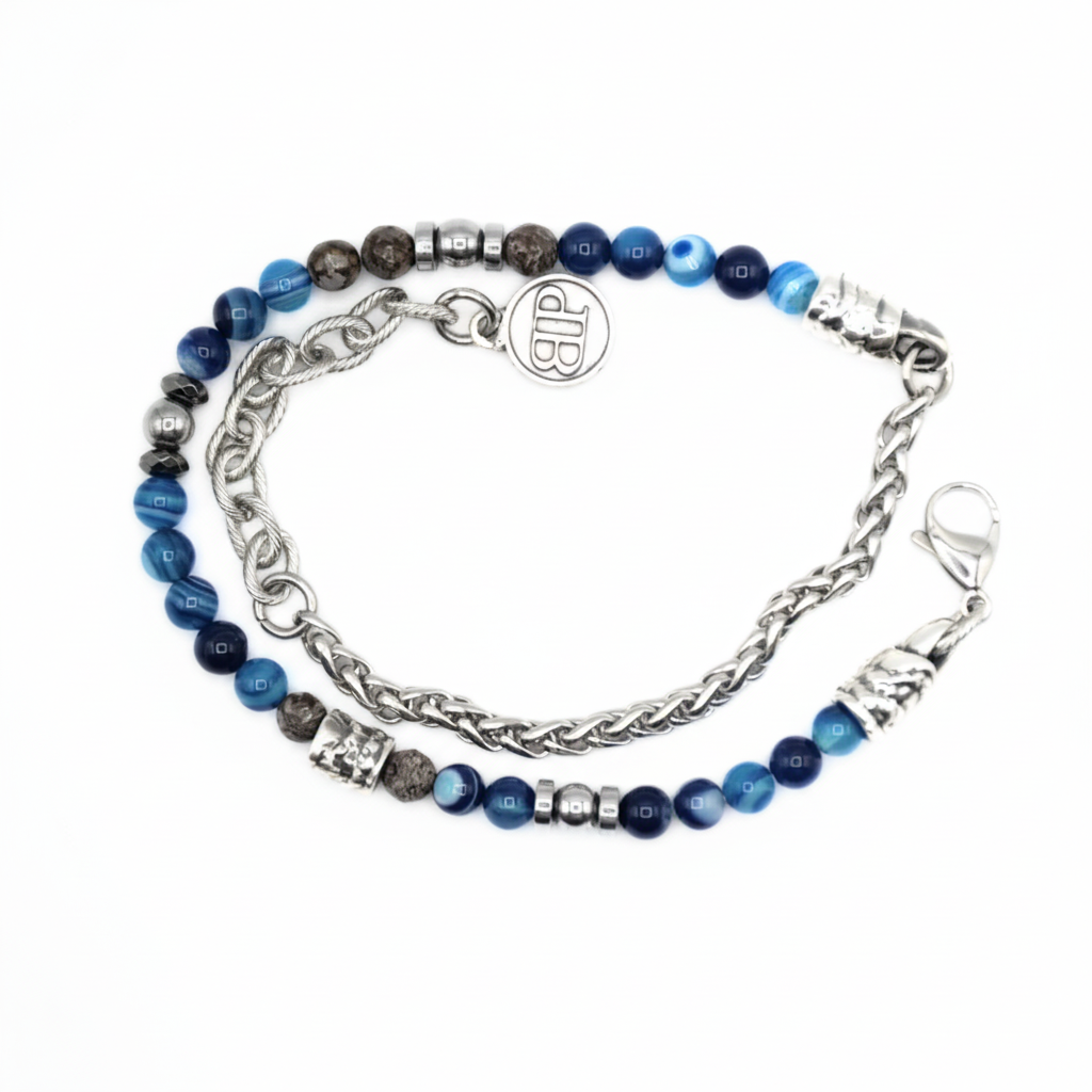 Doppelt gedrehtes Armband Obsidian Blauer Achat Hämatit Silber Miami