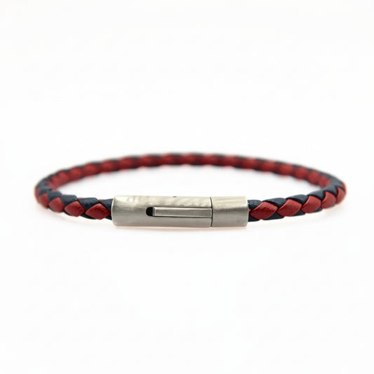Bracciale in Pelle Intrecciata Rosso Blu con Chiusura in Acciaio