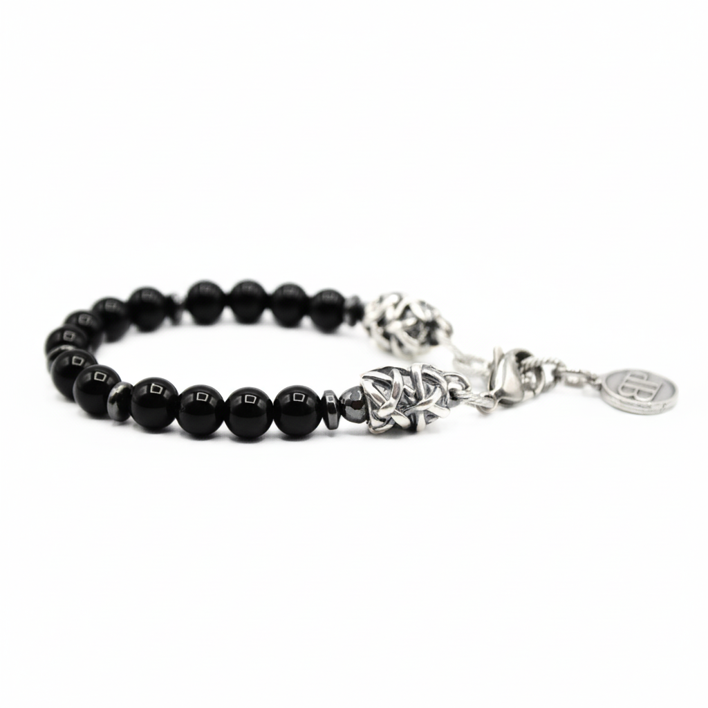 Bracciale onice nero uomo ESSENCE con terminali Argento