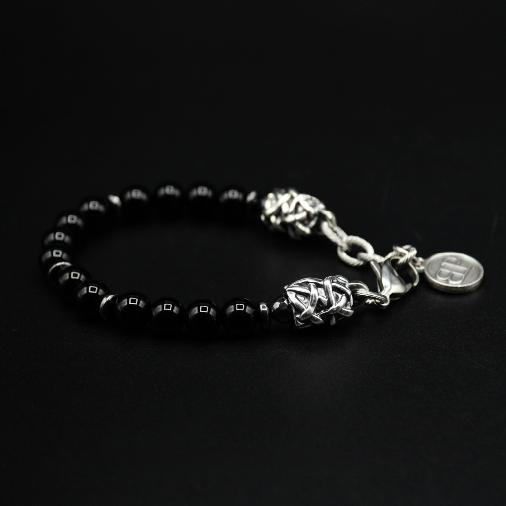 Bracciale onice nero uomo ESSENCE con terminali Argento