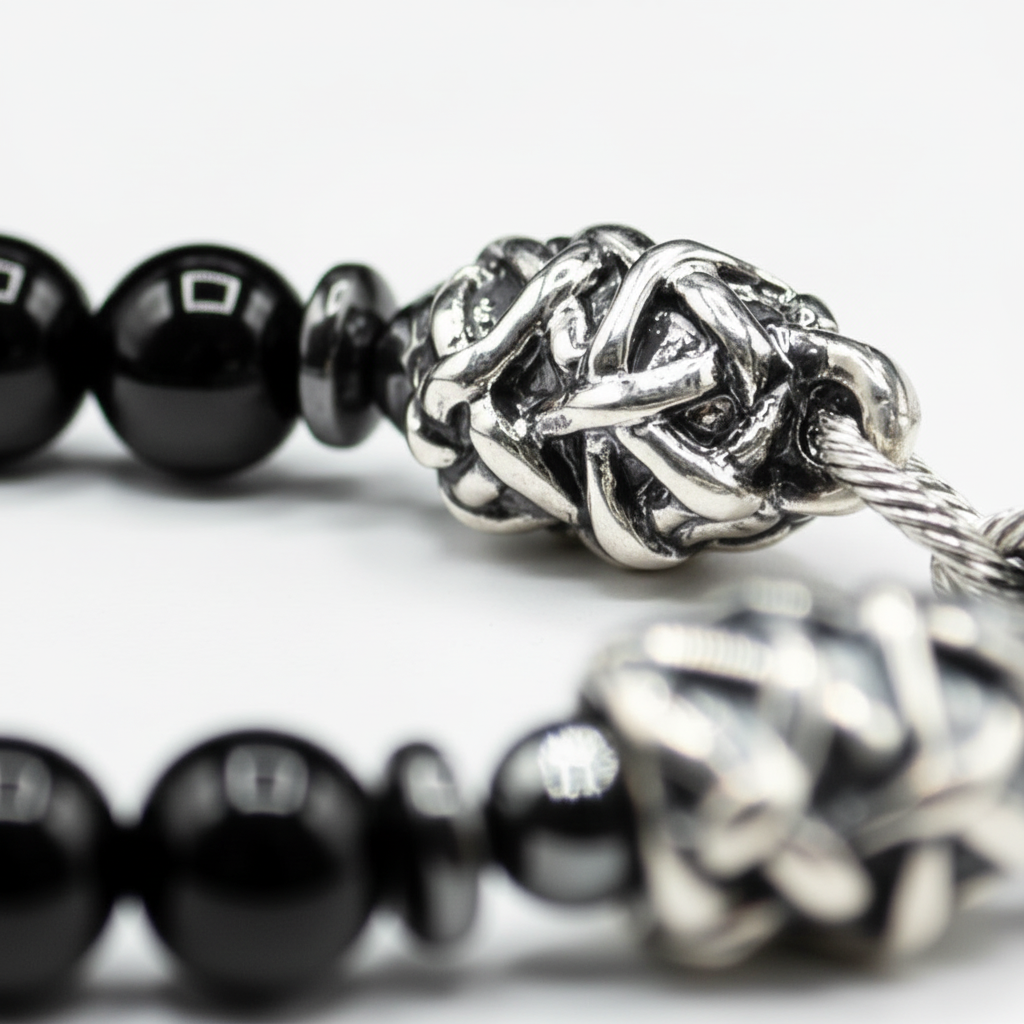 Bracciale onice nero uomo ESSENCE con terminali Argento