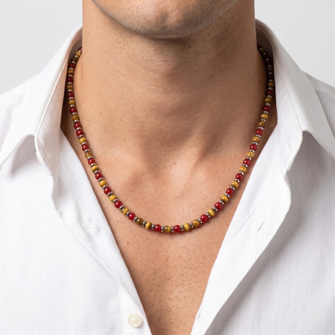 Collana Giallo Rossa con Occhio di Tigre e Agata Rossa 4 mm