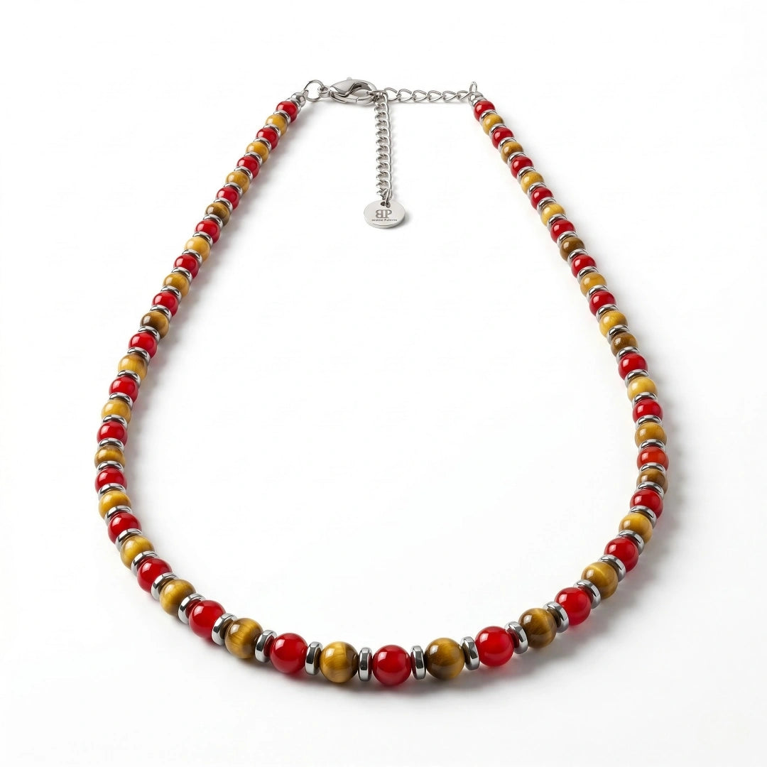 Collana Giallo Rossa con Occhio di Tigre e Agata Rossa 4 mm