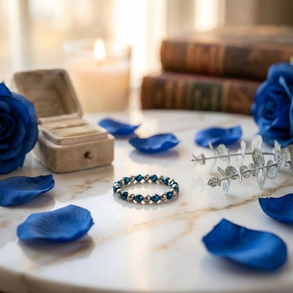 Elastischer Ring mit facettiertem, poliertem blauem Hämatit