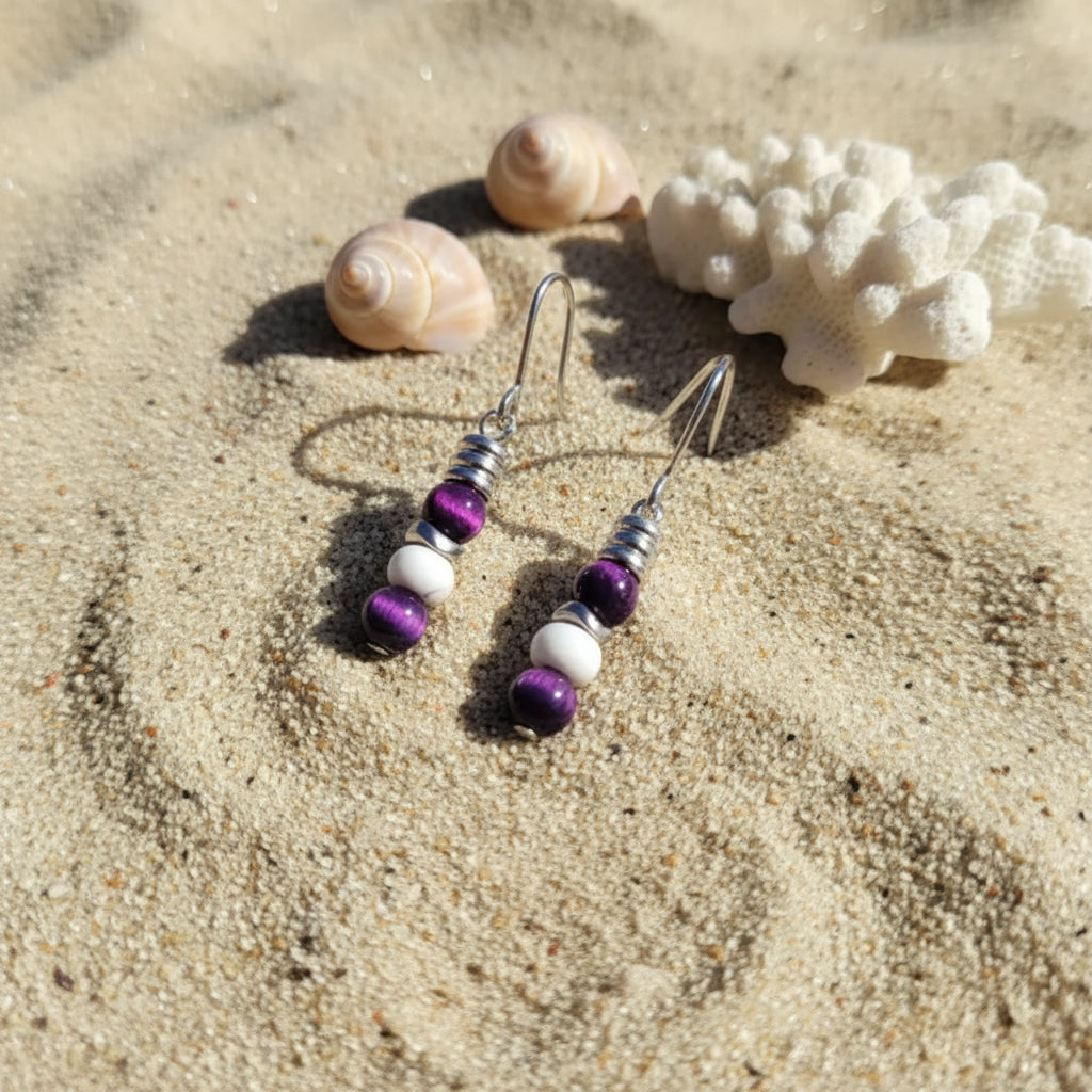 Orecchini Occhio di Tigre Viola & Howlite – Acciaio 316L