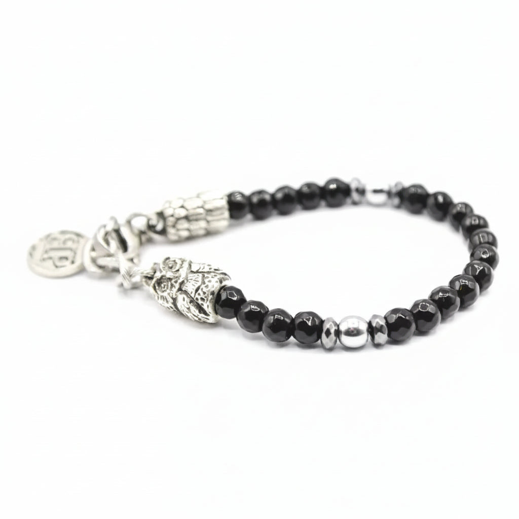 Bracciale Owls Eclipse  Onice Nera Sfaccettata & Gufo d'Argento
