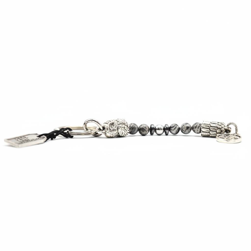 Genesis  Porta chiave Gufo Placcato Argento Agata Fossile Owls