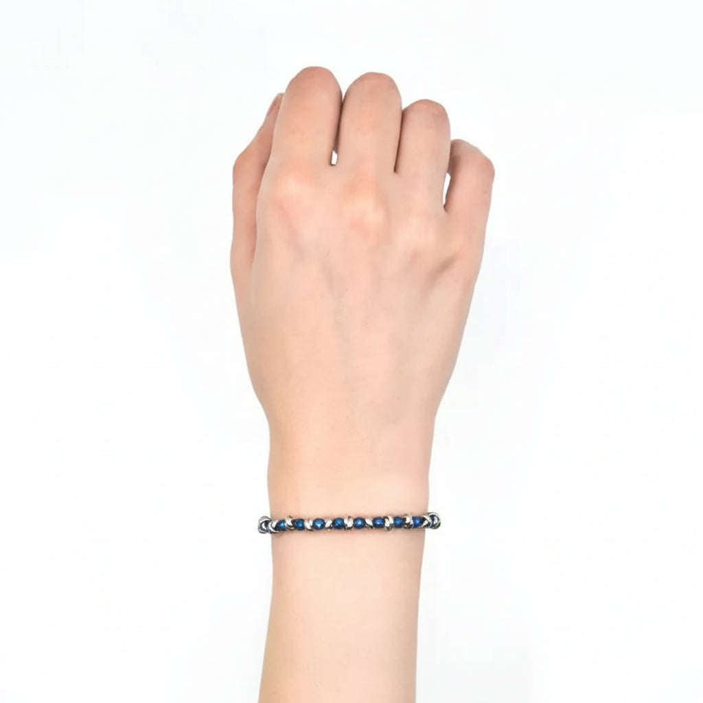 Glänzendes blaues nautisches Armband aus geflochtenem Stahl und Hämatit