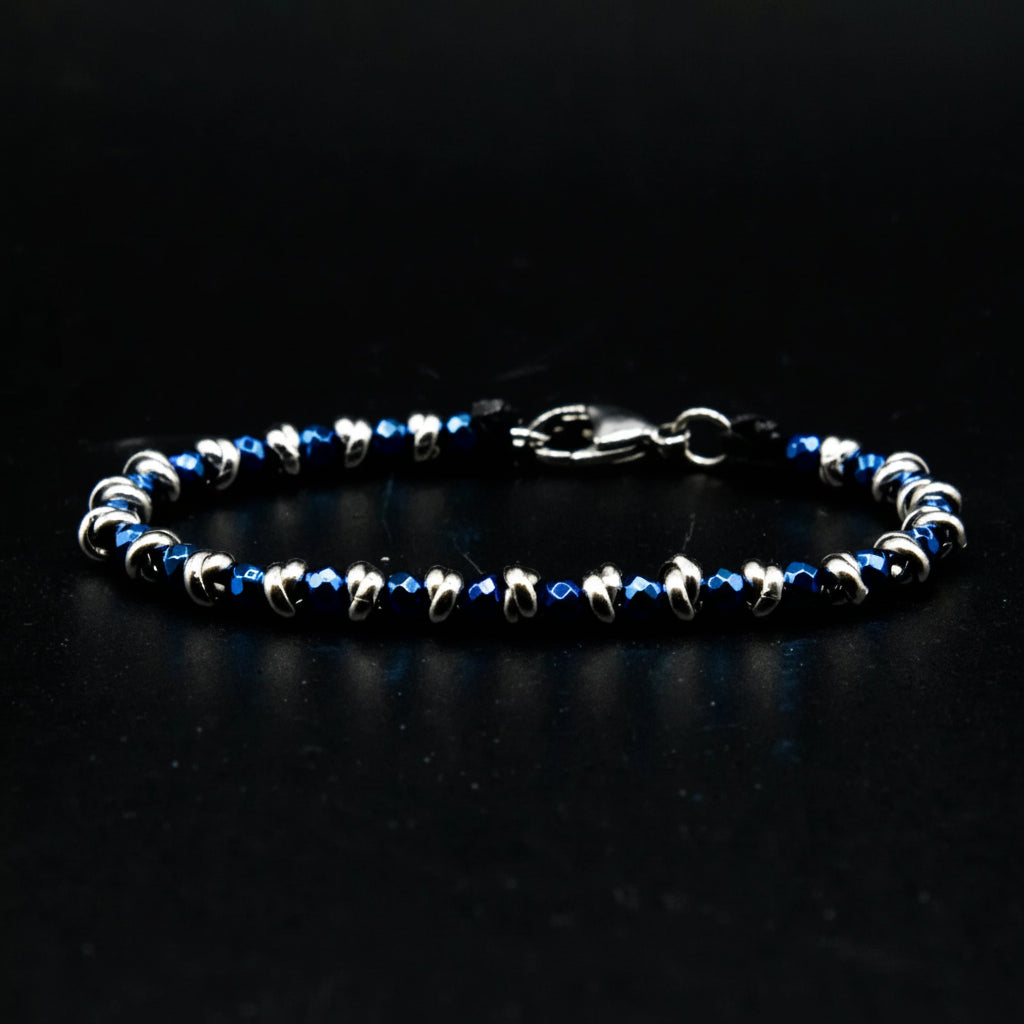 Glänzendes blaues nautisches Armband aus geflochtenem Stahl und Hämatit