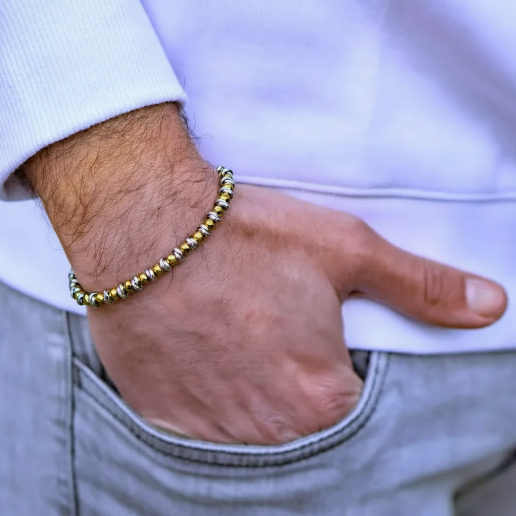Nautisches Armband aus geflochtenem Hämatit aus Stahl und Gold