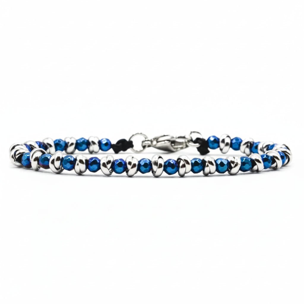Glänzendes blaues nautisches Armband aus geflochtenem Stahl und Hämatit