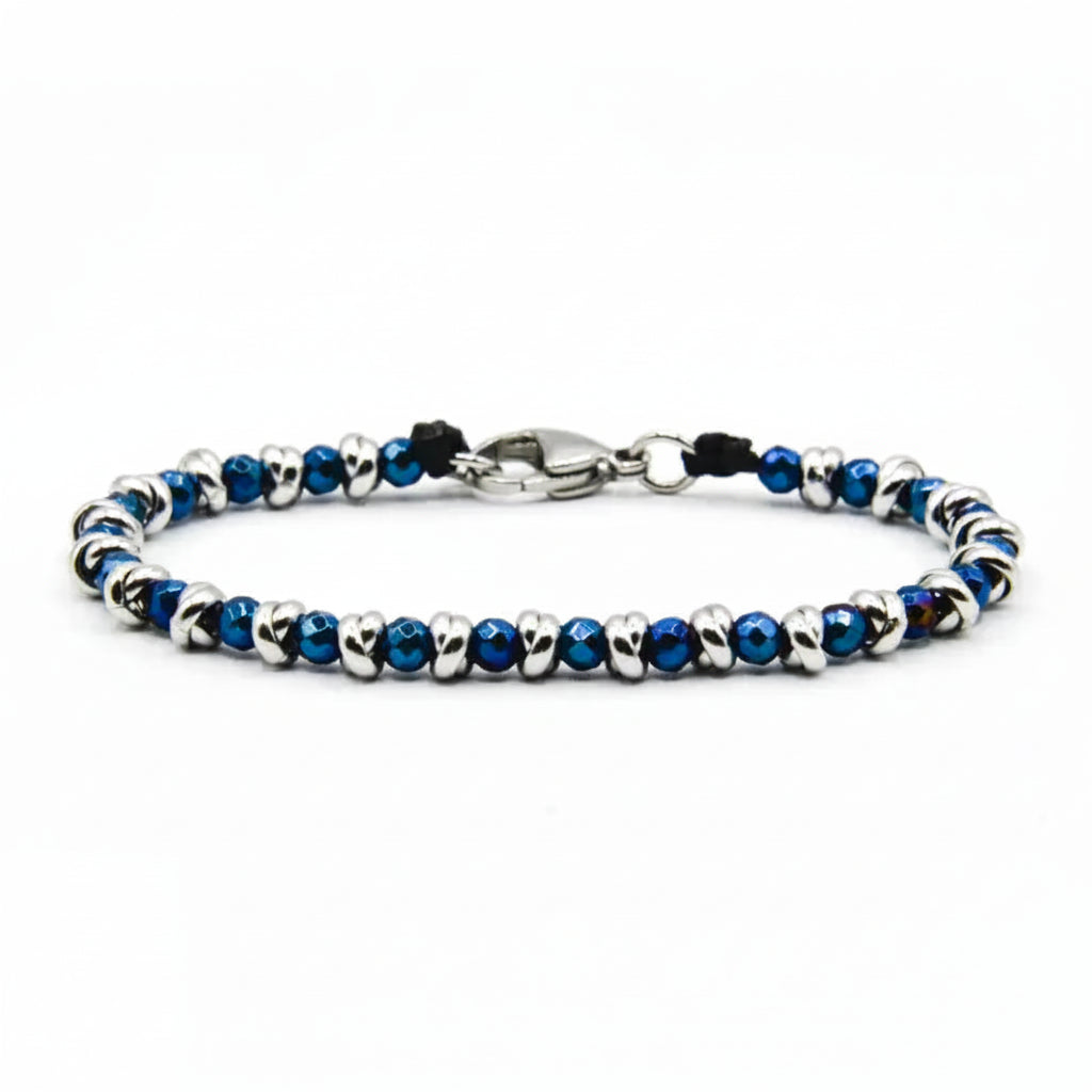 Glänzendes blaues nautisches Armband aus geflochtenem Stahl und Hämatit