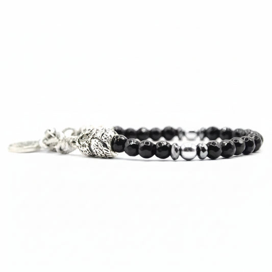 Bracciale Owls Eclipse  Onice Nera Sfaccettata & Gufo d'Argento