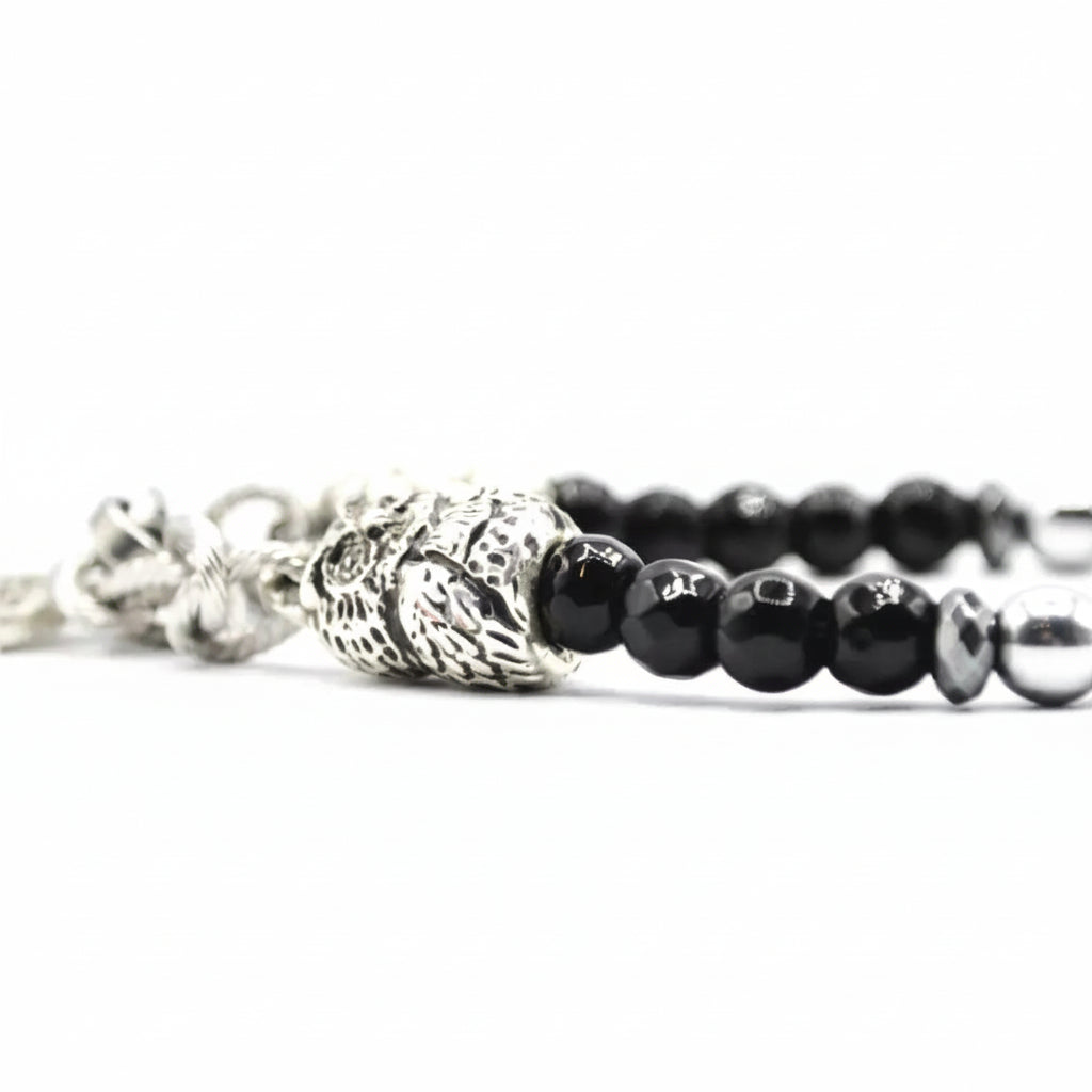 Bracciale Owls Eclipse  Onice Nera Sfaccettata & Gufo d'Argento