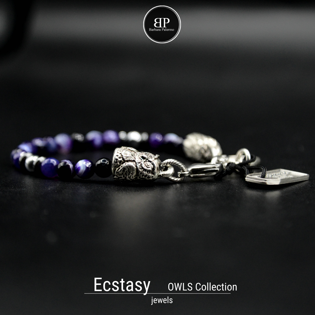 Ecstasy-Armband – facettierter violetter Achat und silberne Eule