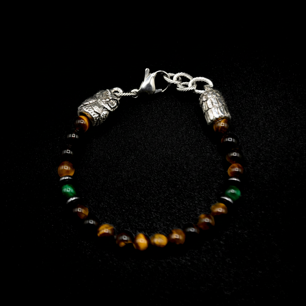 Guardian Owls Bracciale Occhio di Tigre con Gufo Argento