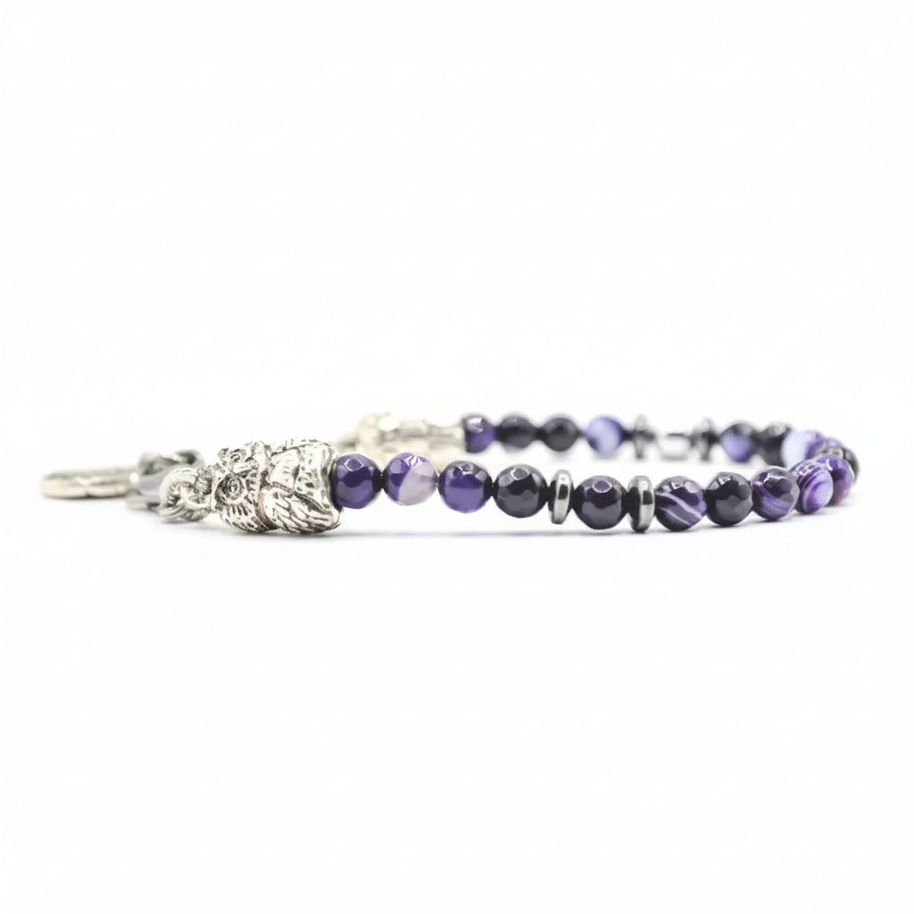 Ecstasy-Armband – facettierter violetter Achat und silberne Eule