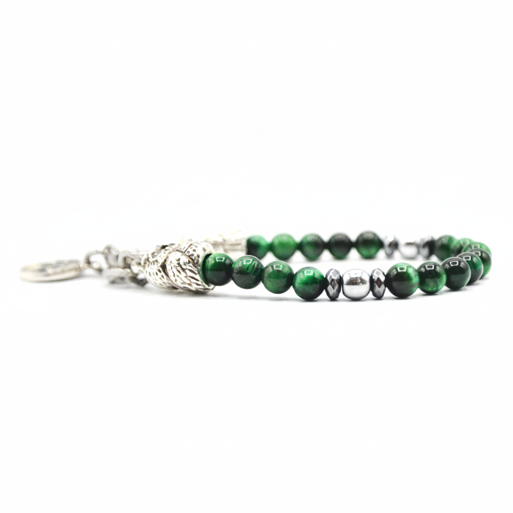 Prosperity Owls  Bracciale in Occhio di Tigre Verde ed Ematite con Gufo