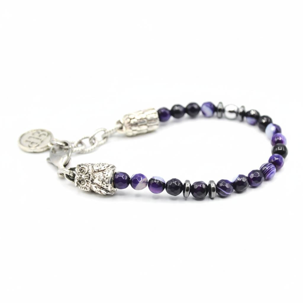Ecstasy-Armband – facettierter violetter Achat und silberne Eule
