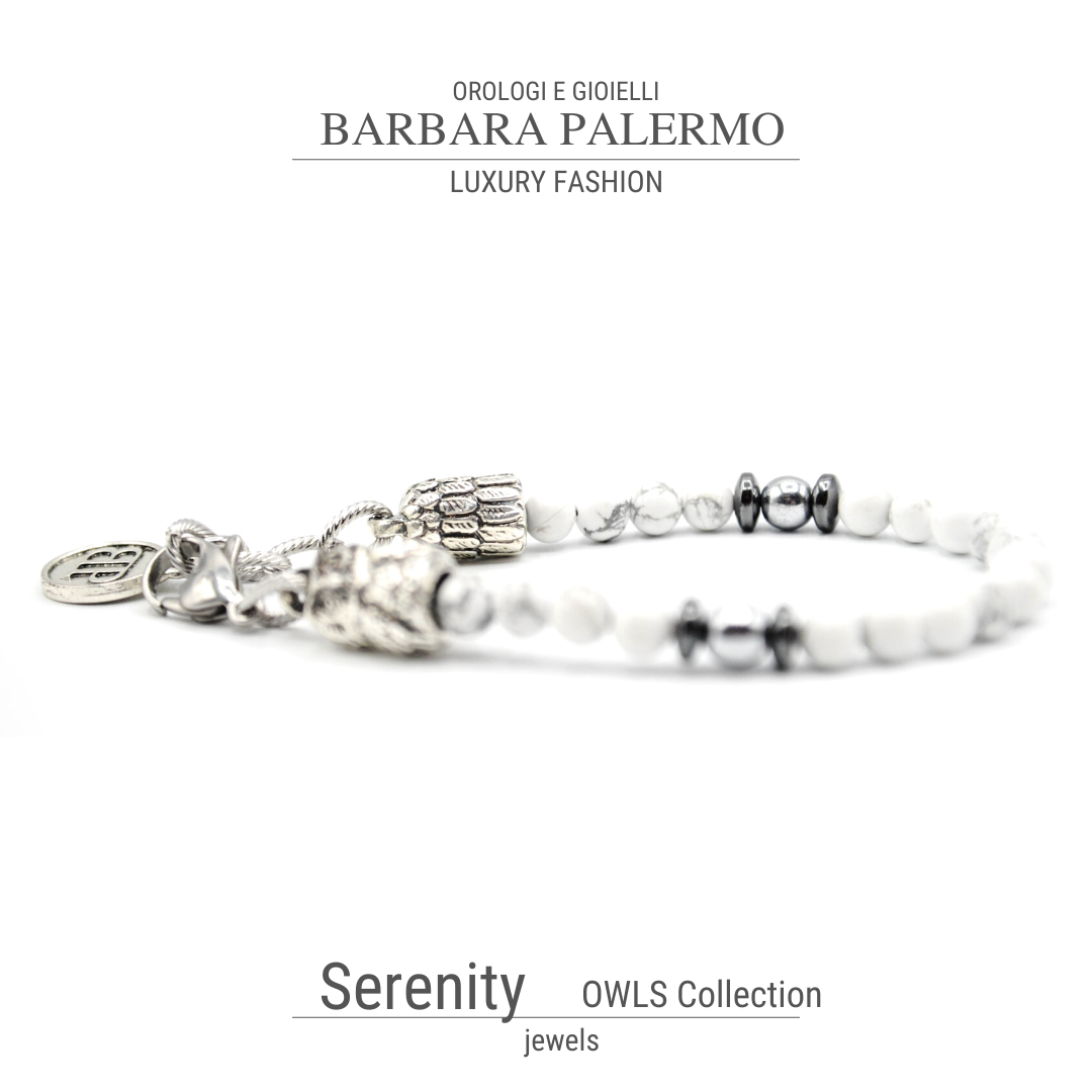 Serenity – Armband aus Howlith und Hämatit mit Eule