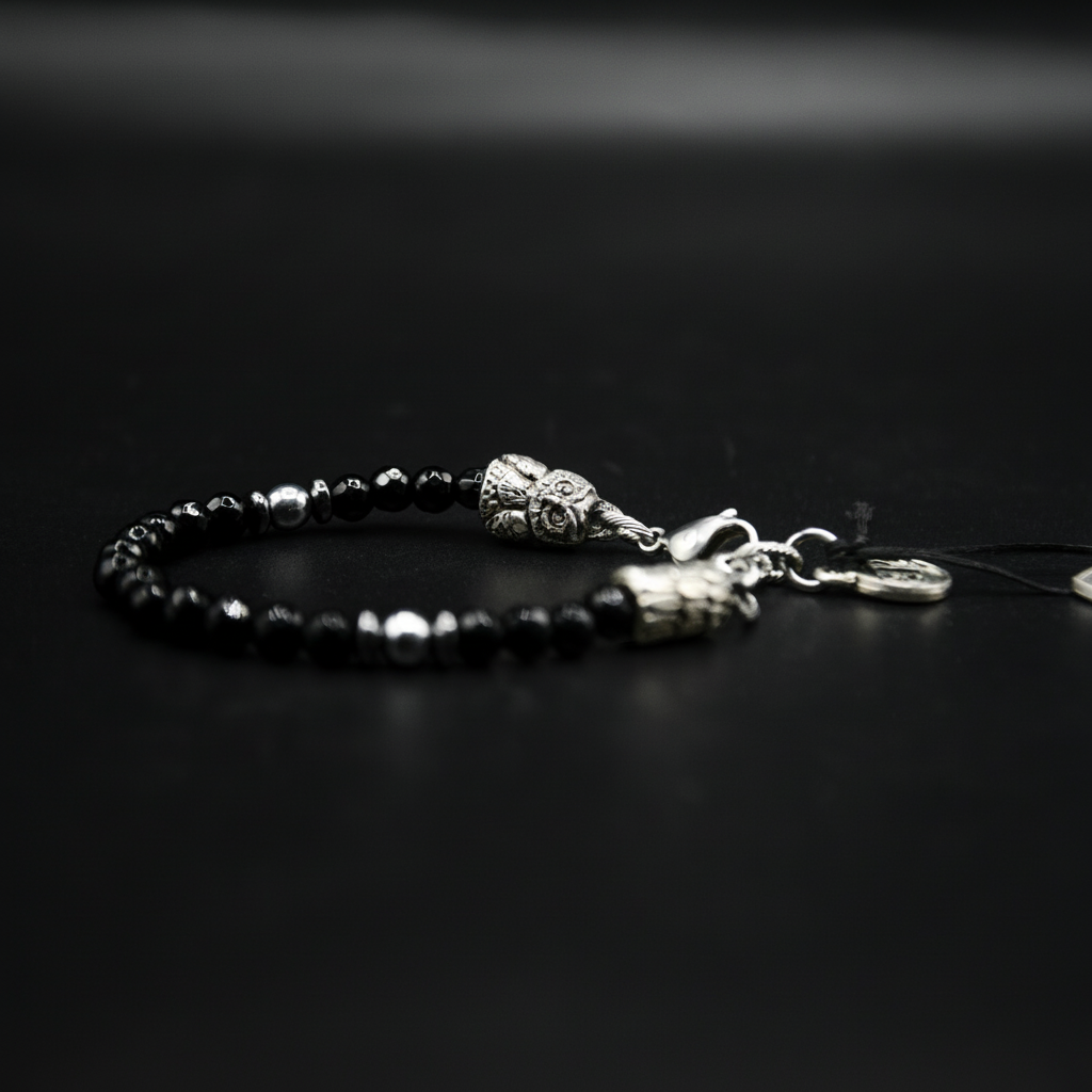 Bracciale Owls Eclipse  Onice Nera Sfaccettata & Gufo d'Argento